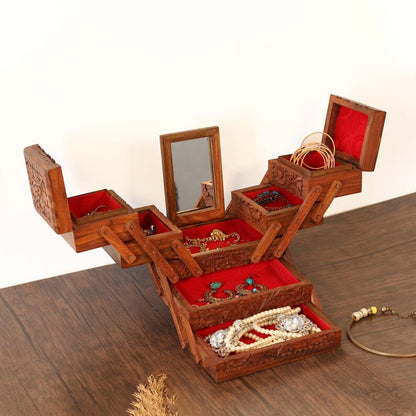 Personalize Jewelry Organizer with 7 Compartments, Engraved Wood Jewelry Box with Drawers and Mirror, Jewellery Storage Box Unique Gift