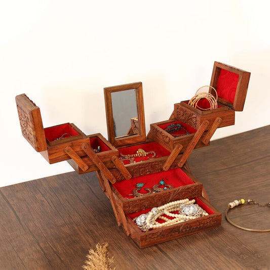 Personalize Jewelry Organizer with 7 Compartments, Engraved Wood Jewelry Box with Drawers and Mirror, Jewellery Storage Box Unique Gift