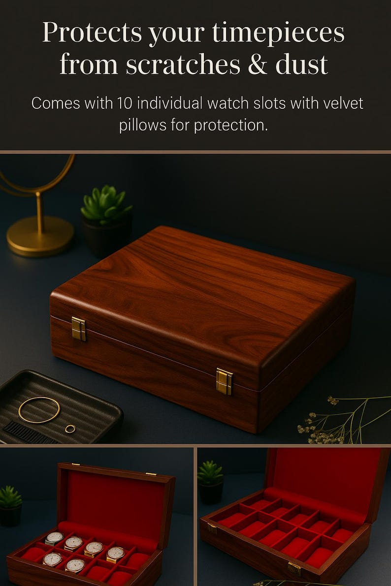Custom Engraved Wooden Watch Case – 10 Slot Vintage Jewelry Organizer, Gift for Men, Husband, Dad & Groomsmen