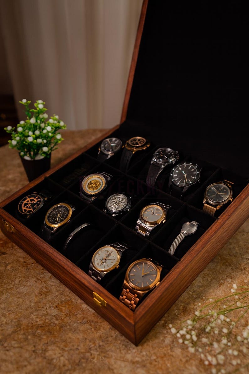 Personalized Watch Box Men 15 Slot Wooden Organizer Gift Dad Husband Son Anniversary Accessory Case