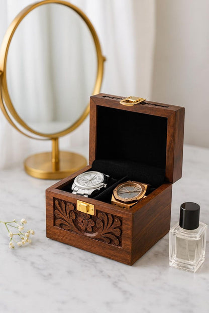 Engraved Watch Storage Box with Dual Slots Velvet Lined & Secure Metal Lock Wedding Anniversary Gift for Him