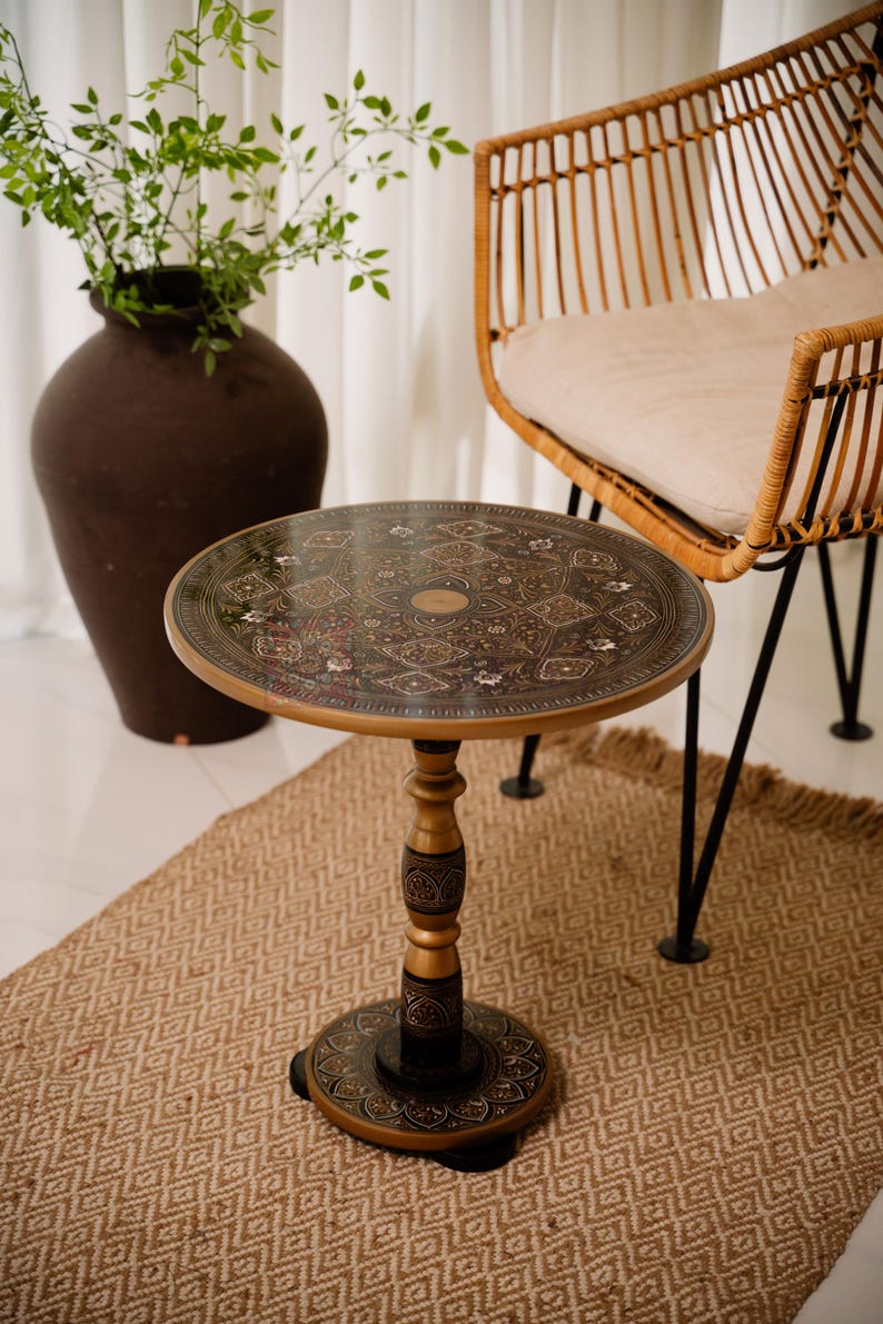 Modern Moroccan Round Coffee Table with Folding Legs Live Edge Wood End Table for Farmhouse Decor