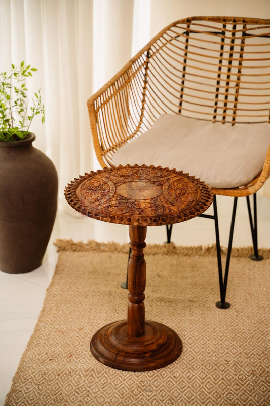Handmade Mid Century Round Wood Table, Rustic Coffee Table, Vintage Bedside & Reading Nook Furniture Decor