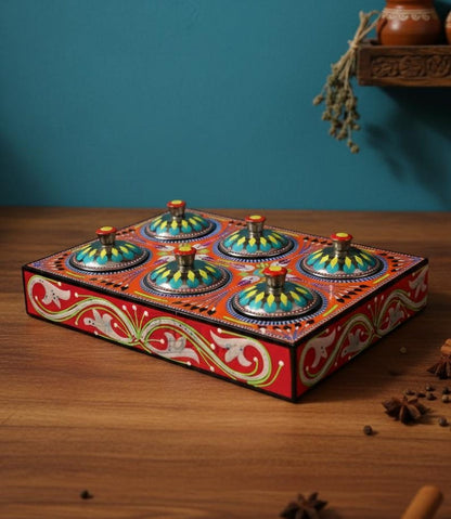 Hand-Painted Wooden Spice Box: 6 Compartment Indian Masala Dabba Organizer