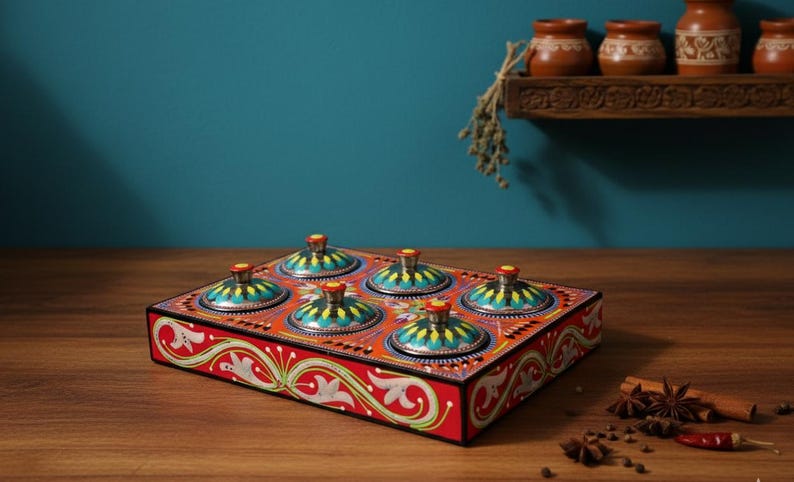 Hand-Painted Wooden Spice Box: 6 Compartment Indian Masala Dabba Organizer