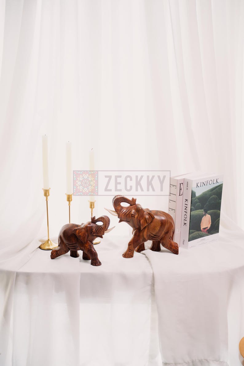 Hand-Carved Rosewood Elephant Sculpture, Rustic Home Decor